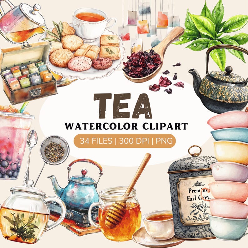 May include: Watercolour clipart set of tea-related items, including teacups, teapots, tea leaves, tea bags, honey, and biscuits. The set includes 34 files, 300 DPI, and is in PNG format.