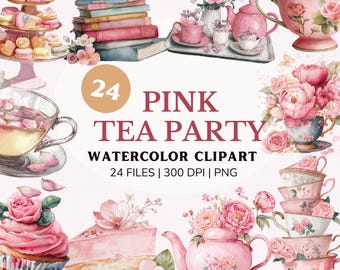 Pink Tea Party Clipart, Charming Watercolor PNG, Vintage Digital Art for Scrapbooking & Party Events, watercolor tea party brunch, download