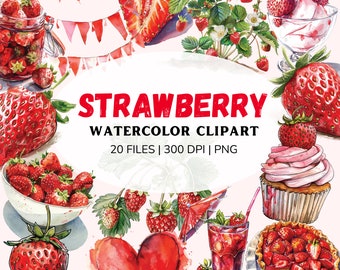 Pacote de clipart de aquarela de morango - cliparts, imagens de morango, clipart de verão, primavera, clipart de frutas, uso comercial, download instantâneo