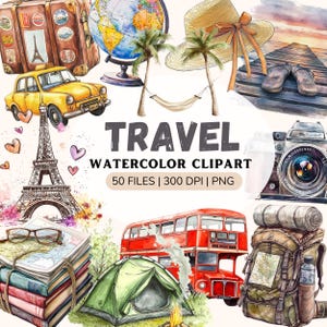 Clipart de viagem em aquarela, clipart de câmera de viagem png, clipart de câmera, clipart de férias, mala vintage, png de viagem vintage, clipart de verão