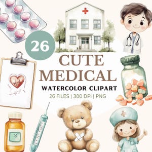Cute Medical Clipart Bundle, Adorable Healthcare Graphics, Nurse & Doctor PNG, Digital Download for Crafts, kids, child friendly, watercolor