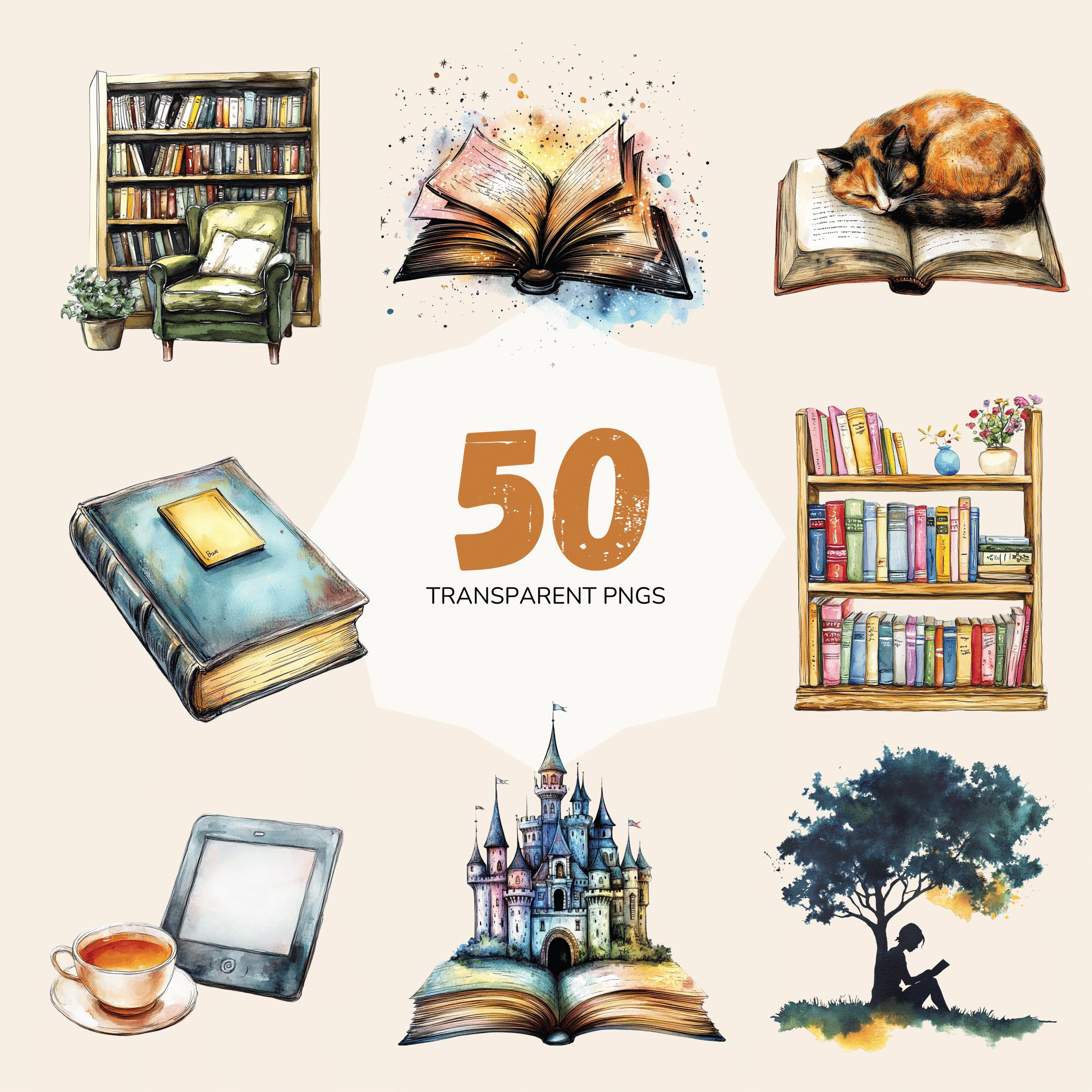 Watercolor Books Digital Downloads, Painted Literary Clipart, PNG Book ...