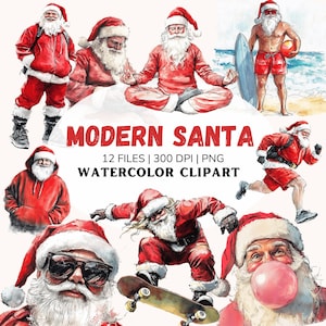 Moderne kerstman clipart, aquarel kerstman PNG, coole kerstman, kerstman Bubblegum, schaatsende kerstman, kerstman met zonnebril, eigenzinnige kerstman, yogasanta