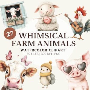 Clipart fantaisiste d&#39;animaux de la ferme, PNG animaux originaux pour travaux manuels, téléchargement numérique drôle, illustrations de ferme mignonnes
