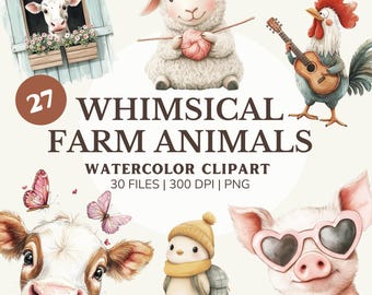 Animais de fazenda com cliparts excêntricos, PNGs de animais peculiares para artesanato, download digital engraçado, ilustrações fofas de fazenda