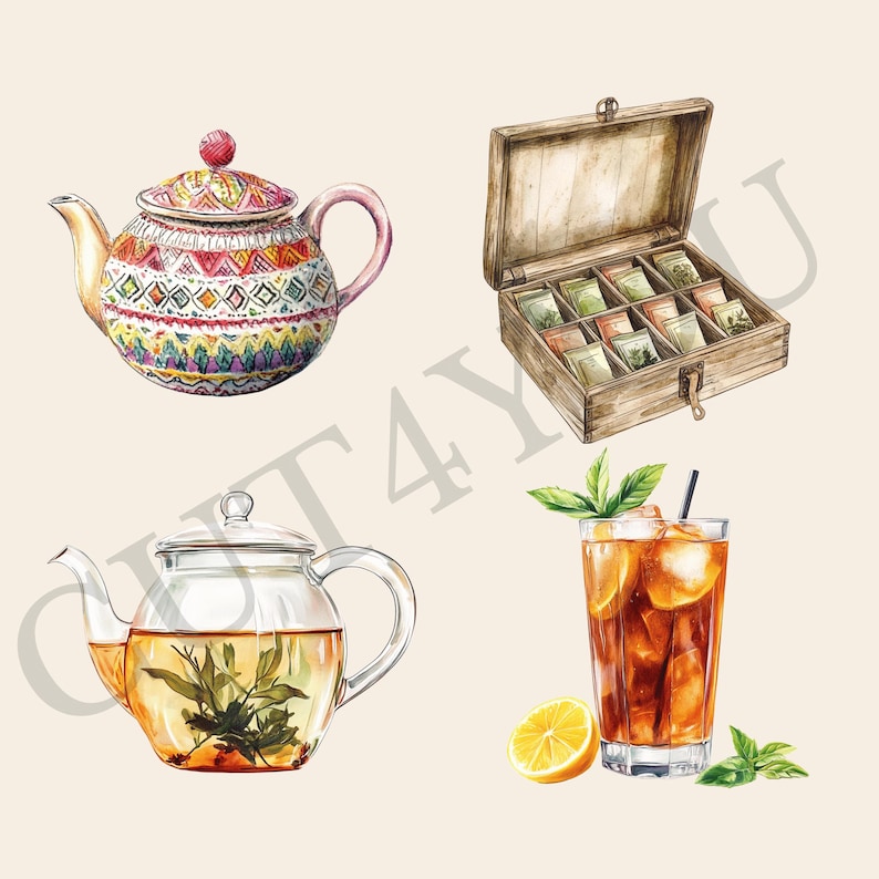 May include: A watercolour illustration of tea-related items, including a colourful teapot, a glass teapot with loose leaf tea, a wooden box of tea bags, and a glass of iced tea with lemon.
