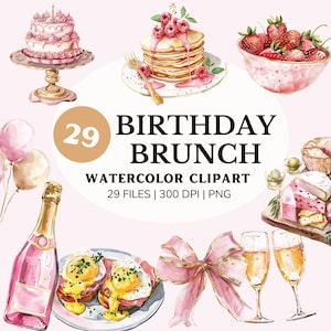 Birthday Brunch Clipart, Fun Watercolor Art for Party Invitations, Digital Download, pink and gold brunch clipart, breakfast png, commercial