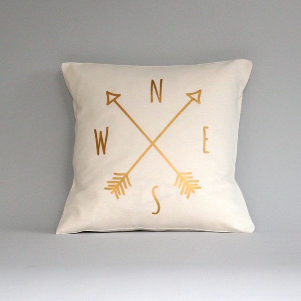 Compass Pillow cover, gold pillow, Compass cushion, throw pillow, metallic gold pillows, 16x16, 18x18, 20x20, 24x 24, 26x26, accent pillow