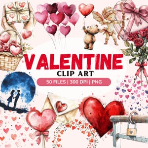 Watercolor Valentine&#39;s Day Clipart, Love clipart bundle, valentine png,valentine illustrations, watercolor heart clipart,roses, love letters