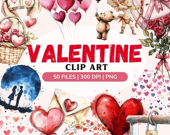 May include: A watercolor Valentine's Day clip art set with 50 files, 300 DPI, and PNG format. The set includes images of hearts, flowers, a teddy bear, a cupid, a gift box, and a lock and key.