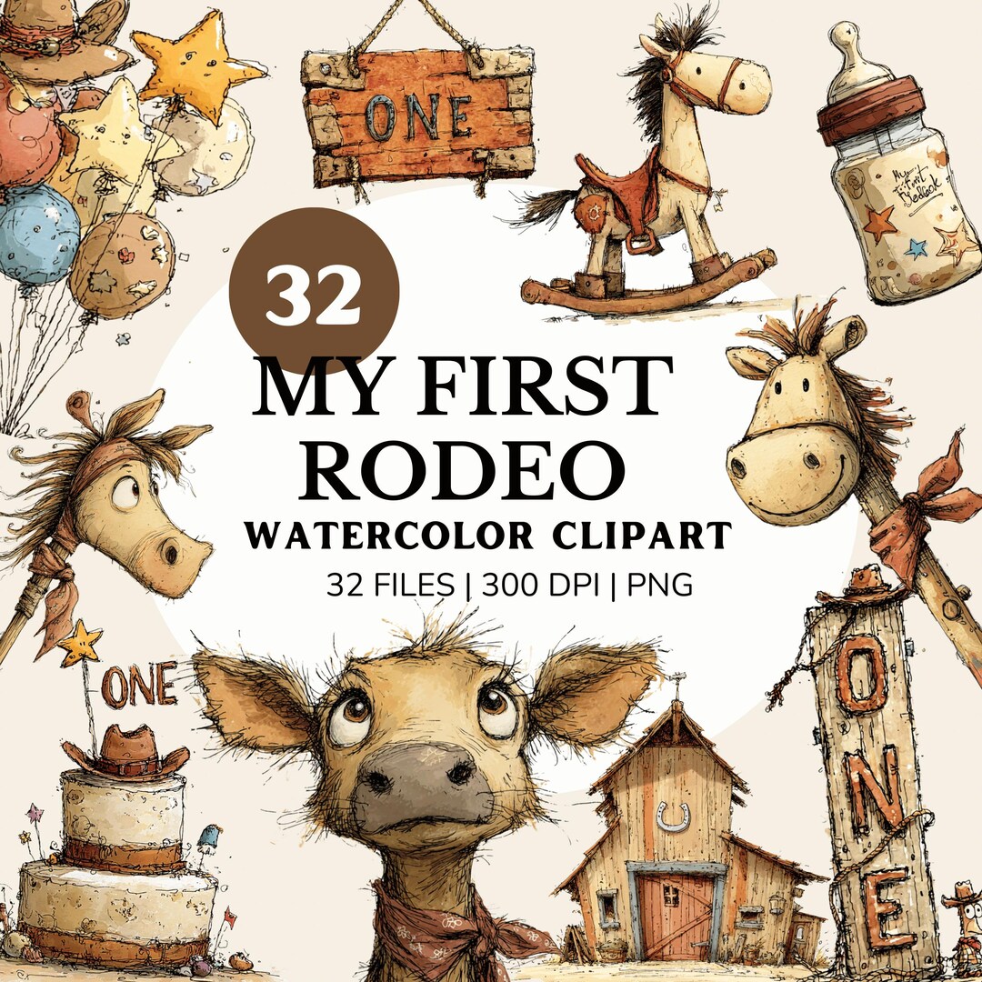 My First Rodeo Clipart Bundle in Brown Beige Watercolor, Western Baby ...