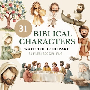 Aquarelle personnages bibliques clipart, école du dimanche png, images du christianisme, religieux, étude de la Bible pour enfants, téléchargement immédiat, Jésus