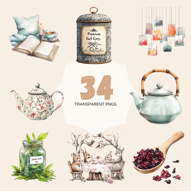May include: A watercolour illustration set of 34 tea-themed images, including teacups, teapots, tea leaves, and tea packaging. The set includes a variety of colours and styles, such as a floral teapot, a blue teapot, and a tin of Earl Grey tea.