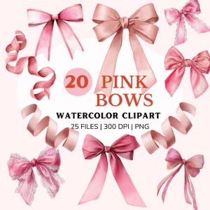 Pink Bow Clipart, Cute Watercolor Bow PNG, Pastel Pink Clip Art for Baby Girl Decor, Digital Download, Soft Aesthetic Bows for scrapbooking