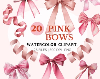 Clipart de lazo rosa, lindo lazo de acuarela PNG, clip art rosa pastel para decoración de niña, descarga digital, lazos estéticos suaves para scrapbooking