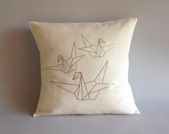 Metallic Gold origami birds pillow cover - origami birds cushion - Abstract throw pillow origami birds- 16x16, 18x18, 20x20, 24x24, 26x26 -