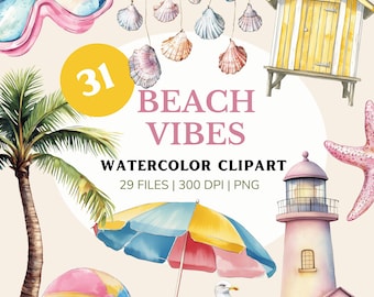 Summer Clipart Bundle, Tropical Beach Graphics, Watercolor Clipart, Cute Summer Designs, Digital Download PNG, summer party, pool party png