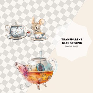 May include: A watercolour illustration of a tea set with a mouse drinking tea. The tea set is blue and white with floral designs. The teapot is a glass teapot with a clear body and a brown liquid inside. The mouse is brown and has a pink nose. The background is a transparent checkered pattern.