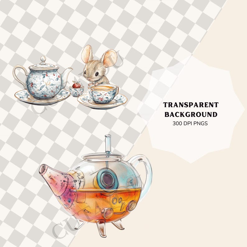 May include: A watercolour illustration of a tea set with a mouse drinking tea. The tea set is blue and white with floral designs. The teapot is a glass teapot with a clear body and a brown liquid inside. The mouse is brown and has a pink nose. The background is a transparent checkered pattern.