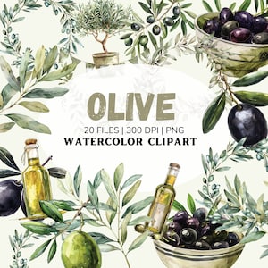 Puede incluir: Conjunto de clipart de acuarela de ramas de olivo, hojas, aceitunas y botellas de aceite de oliva. El conjunto incluye 20 archivos, es de 300 DPI y en formato PNG. El texto "OLIVE" está escrito en una fuente marrón con un fondo texturizado.