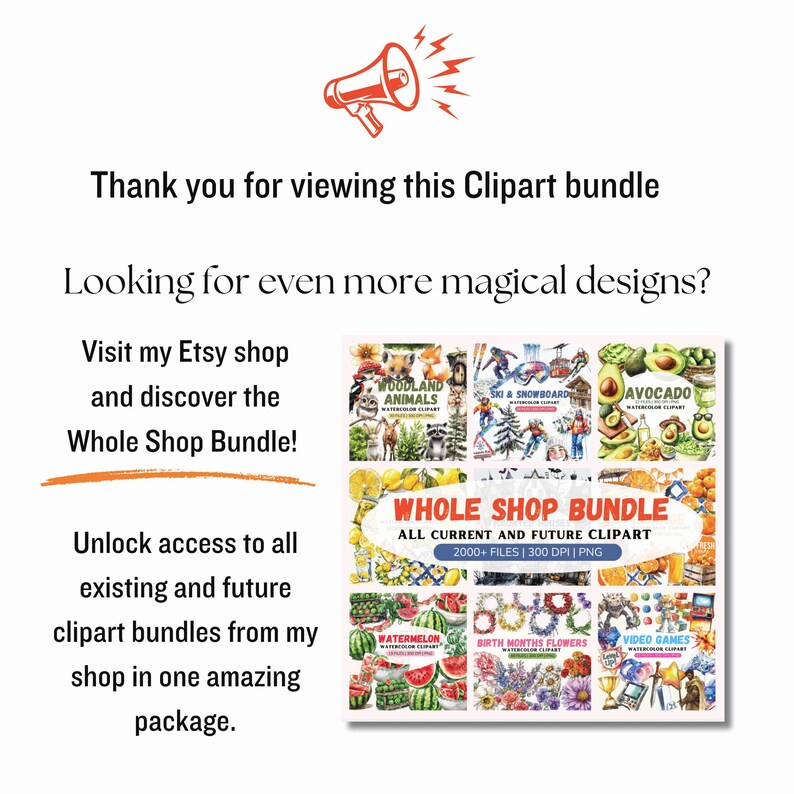 May include: White background with text and a collection of clipart bundles. The text reads "Thank you for viewing this Clipart bundle" and "Whole Shop Bundle". The image includes various watercolor clipart bundles.