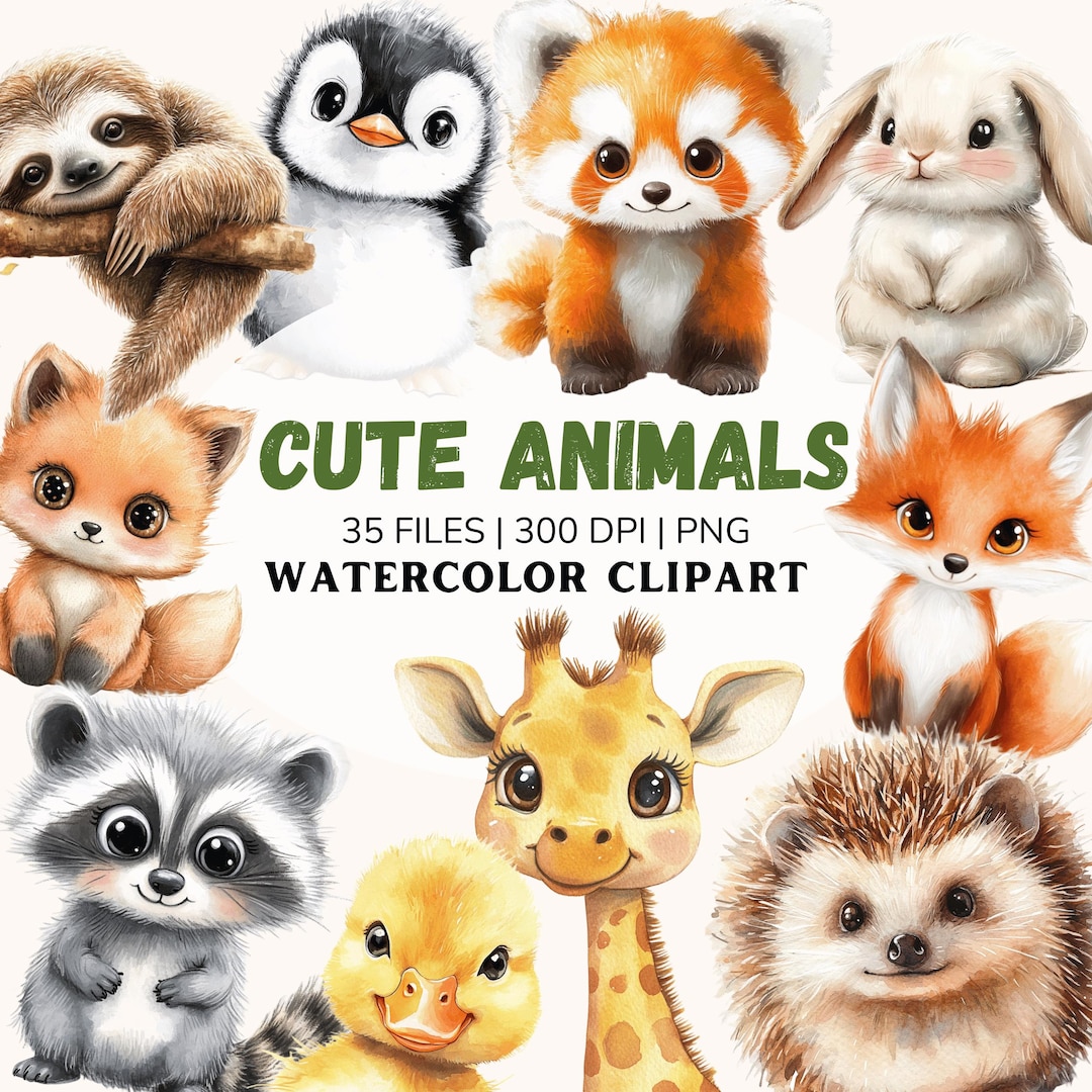 Baby Woodland Animals Clipart Bundle PNG, Watercolor Cute Fluffy Pets ...