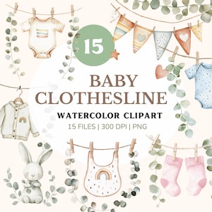 Clipart aquarel baby waslijn illustraties, leuke digitale download voor babyshower en kinderkamer decor, boho geboortekaartje