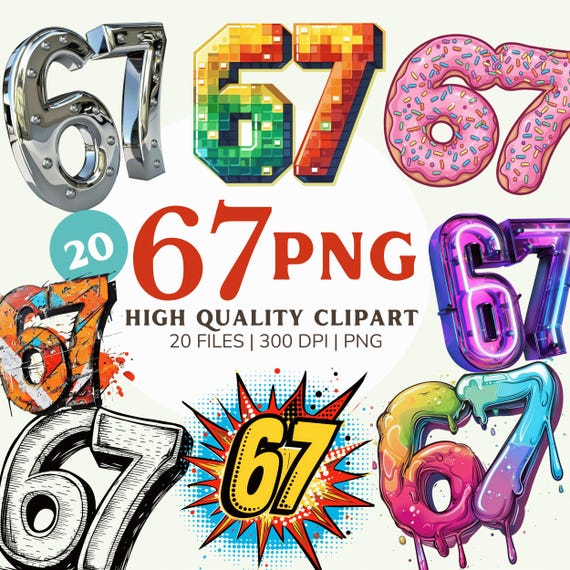 67 Meme PNG Bundle – Funny Number Clipart Pack – 15 Trendy Meme Designs for Sublimation