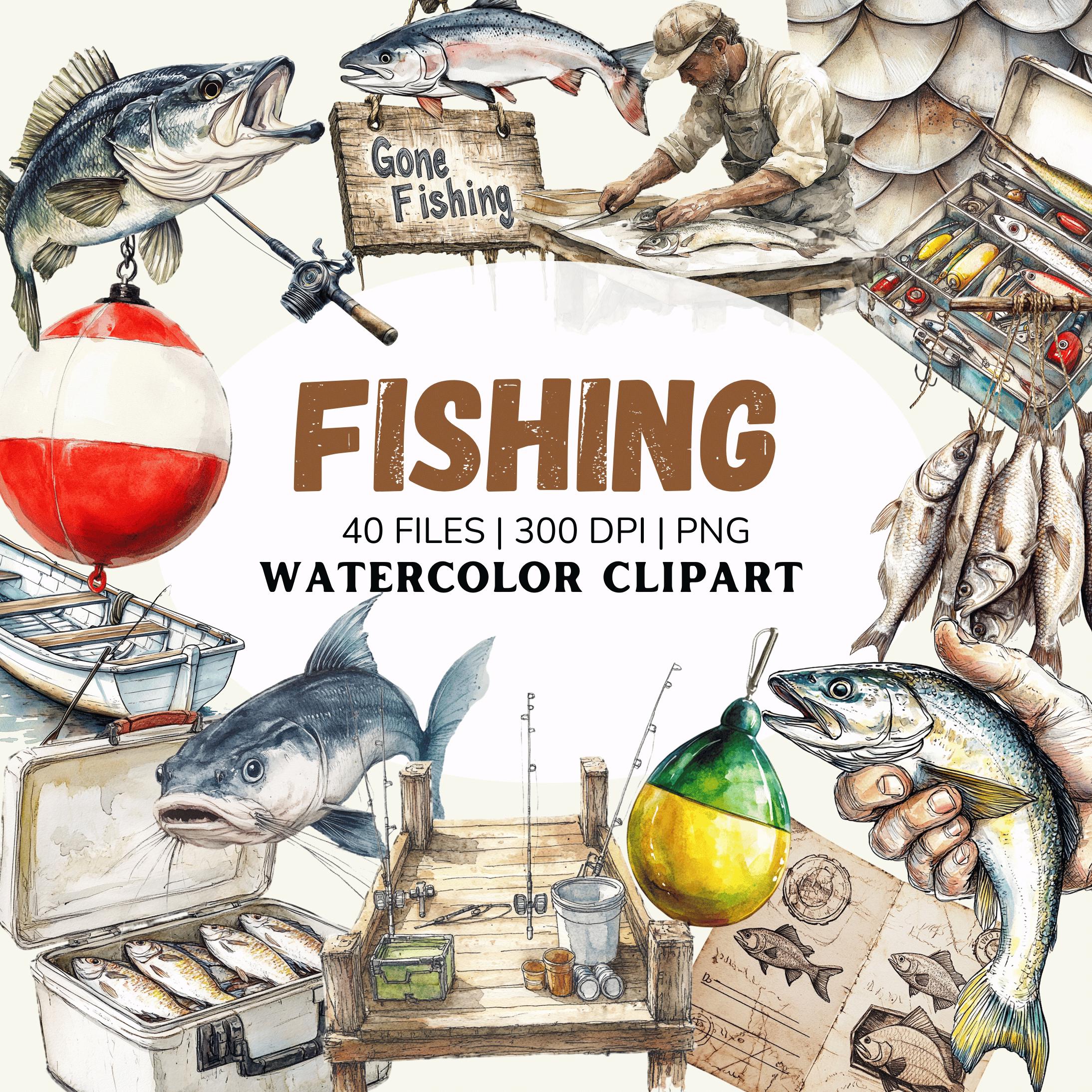 Watercolor Fishing Clipart Bundle, Gone Fishing sign, Fishing Illustrations, Transparent PNG Graphics, fishing equipment png, fish clip art