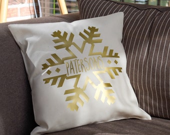 Personalized christmas pillow cover with name, gold snowflake pillow cover, gold christmas home decor, holiday cushion cover