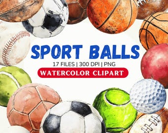 watercolor sports balls clipart bundle, American Football, Soccer png, Ball Png, Baseball Png, Basketball Png, golf ball, Softball, sport