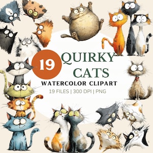 Quirky Cats Clipart Bundle, Funny Cat Illustrations, Whimsical PNG Art, Digital Download, Commercial Use, cats pictures, scrapbooking