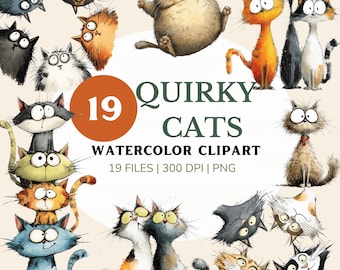 Quirky Cats Clipart Bundle, Funny Cat Illustrations, Whimsical PNG Art, Digital Download, Commercial Use, cats pictures, scrapbooking