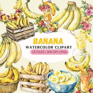 Bundle de clipart banane aquarelle png - clipart - bananes aquarelles ambiance hawaïenne - Hawaï png - clipart cocktail d'été - usage Commercial