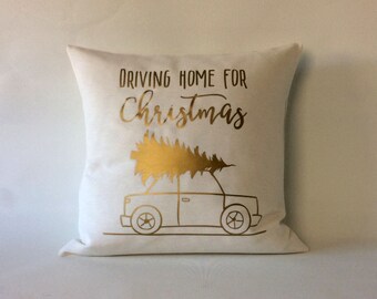 Christmas throw pillow cover - driving home for christmas - gold cushion - holiday pillow - christmas truck with tree - christmas pillow