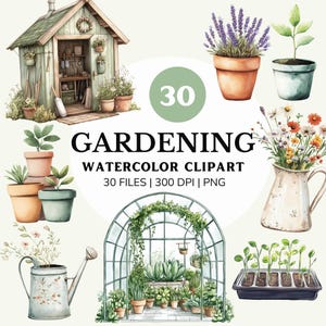 Conjunto de clipart de jardinagem, ilustrações de jardim em aquarela, gráficos PNG para download digital e projetos de artesanato, plantas, ferramentas, estufa png