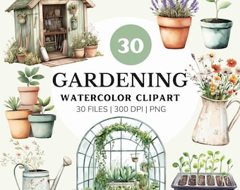 Set di clipart per giardinaggio, illustrazioni di giardini ad acquerello, grafica PNG per download digitali e progetti di artigianato, piante, attrezzi, serra png