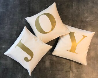 Set of THREE christmas throw pillow covers - JOY christmas pillows - christmas cushion - gold pillows - Letter pillows christmas - pillow