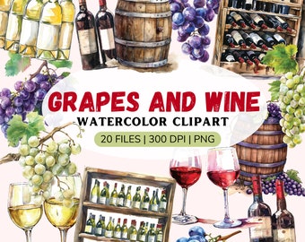 Grapes and Wine Clipart Bundle, red and white wine PNG for instant download commercial use - Wine barrel, Wine glass png, Commercial Clipart