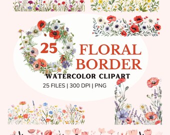 May include: A set of 25 watercolor floral borders, featuring a variety of flowers, including poppies, daisies, and wildflowers. The borders are perfect for adding a touch of nature to your designs.