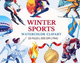 Watercolor Winter Sports png, Snowboarding and ski clipart, SPORTS Clipart, skiing, Ice Hockey, winter clipart, ice skating png