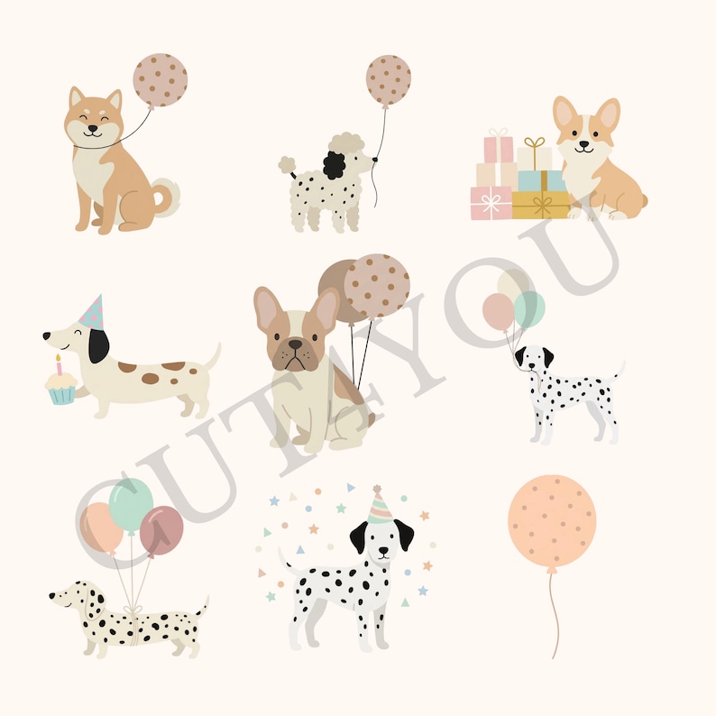 Cute Party Dogs Clipart Bundle Beige Pastel, Puppy Birthday Clipart Set ...