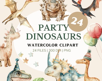 Party Dino Clipart, Cute Baby Dinosaur PNG, Watercolor Party Decor, T-Rex Birthday Art, Nursery Clipart Bundle, party hats dinosaur PNG