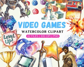 Watercolor video games png, Arcade game clipart, Computer clipart, Games controller PNG, Game themed bundle, Gaming Clipart, Technology png
