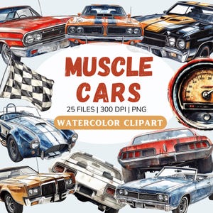 Muscle car acuarela png / Clipart de coches clásicos / Muscle cars americanos / Chevy Clipart / Coches antiguos de los años 70 y 80 / Coche retro PNG / Vintage