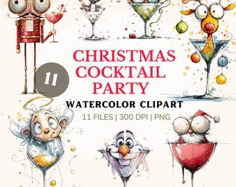 以下が含まれることがあります： 水彩画のクリップアート。クリスマスをテーマにしたカクテルのイラスト。マティーニグラスに入った漫画のキャラクターが描かれており、「CHRISTMAS COCKTAIL PARTY」と「WATERCOLOR CLIPART」の文字があります。画像には11ファイル、300 DPI、PNG形式が含まれています。