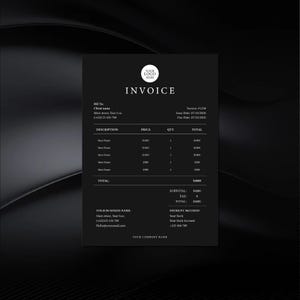 Puede incluir: Una plantilla de factura negra con texto blanco y un marcador de posición de logotipo circular en la parte superior. El documento incluye secciones para detalles del cliente, número de factura 1234, descripciones, precios, cantidades y totales.