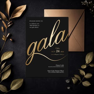 May include: A black rectangular invitation card with gold lettering that reads gala, Friday OCT 24 2026, from 6:00 pm to 10:00 pm, Dress Code BLACK & GOLD EVENING GOWN, and Your Gala Dinner Place. The card is paired with a gold envelope.