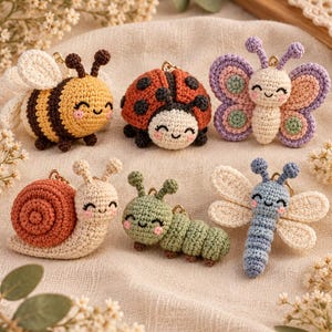 May include: A collection of six crocheted insect and animal keychains featuring a yellow and black bee, a red and black ladybug, a purple and cream butterfly, a tan and orange snail, a green caterpillar, and a blue dragonfly, each with a smiling face.