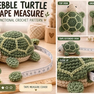 May include: A crochet turtle tape measure with a green shell and beige head, limbs, and underside. The turtle features a retractable white measuring tape with black markings extending from its side, showing measurements up to 20 cm.